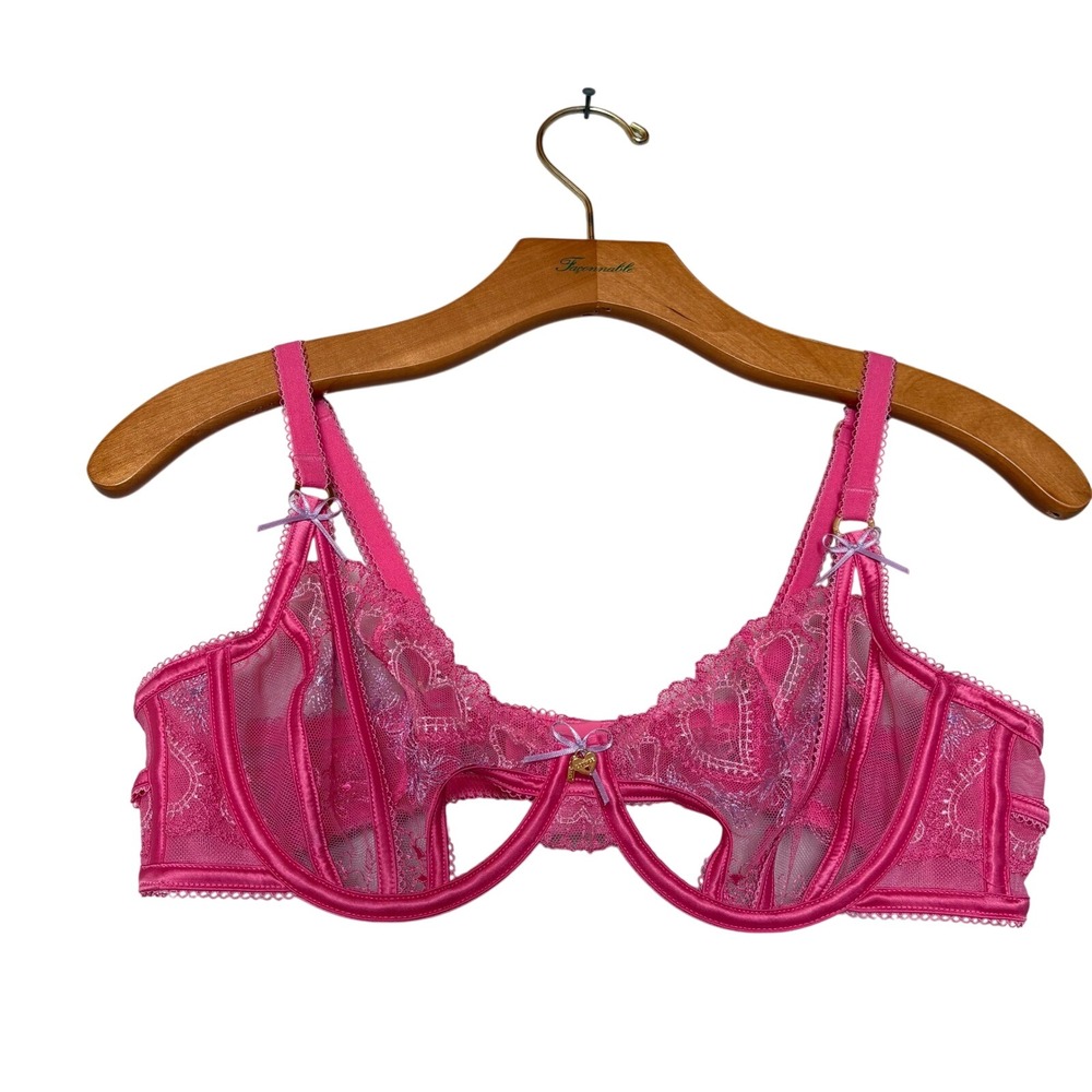 Lounge Mariana Pink Lace Underwire‎ Bra Gold Accent Heart Charm Bow  34 C NEW